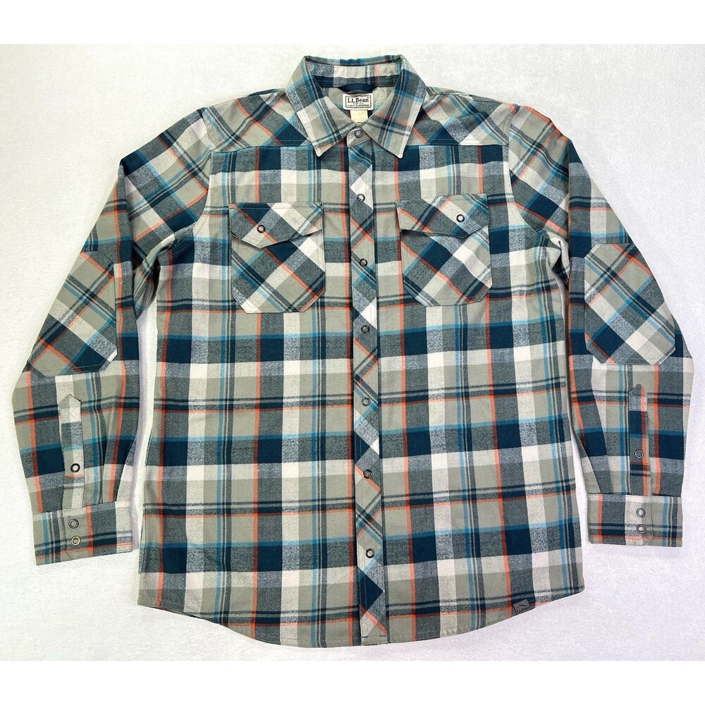 LL Bean Katahdin Performance Flannel Shirt Mens Medium Snap Button Teal Grey